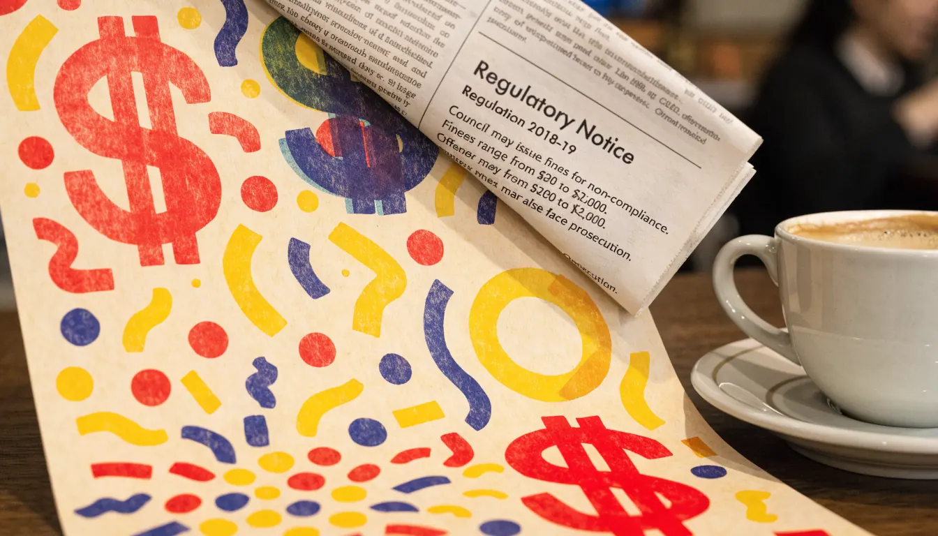 Bright promotional flyer on a café table partially covering a regulatory newspaper notice