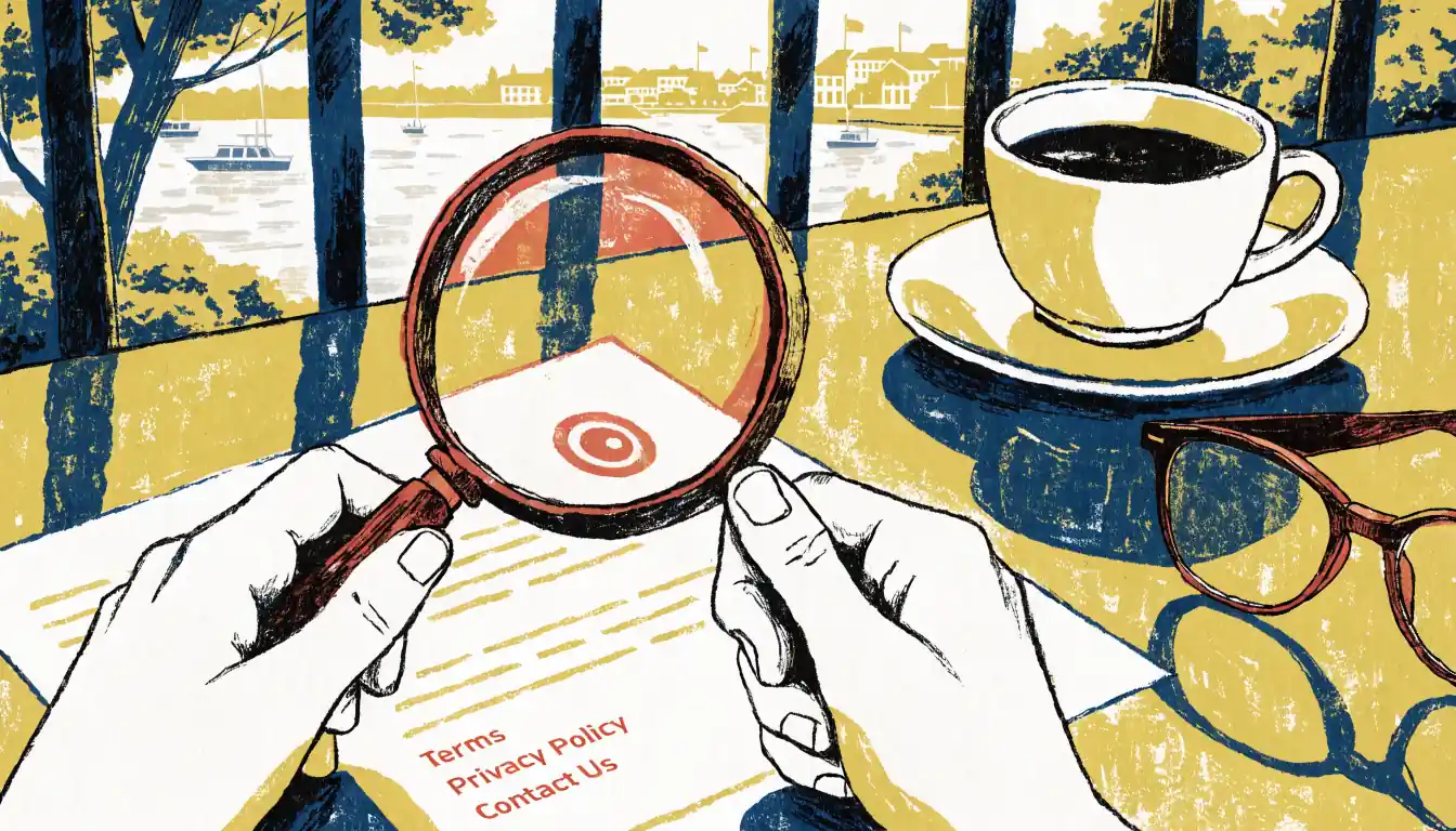 Hands with a magnifying glass inspecting a foreign regulator logo on printed paper